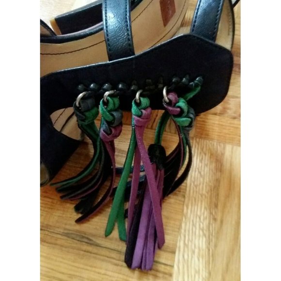 Hugo Boss strappy leather black w/ fringe leather high heels sandals shoes 38 8 - Picture 9 of 13